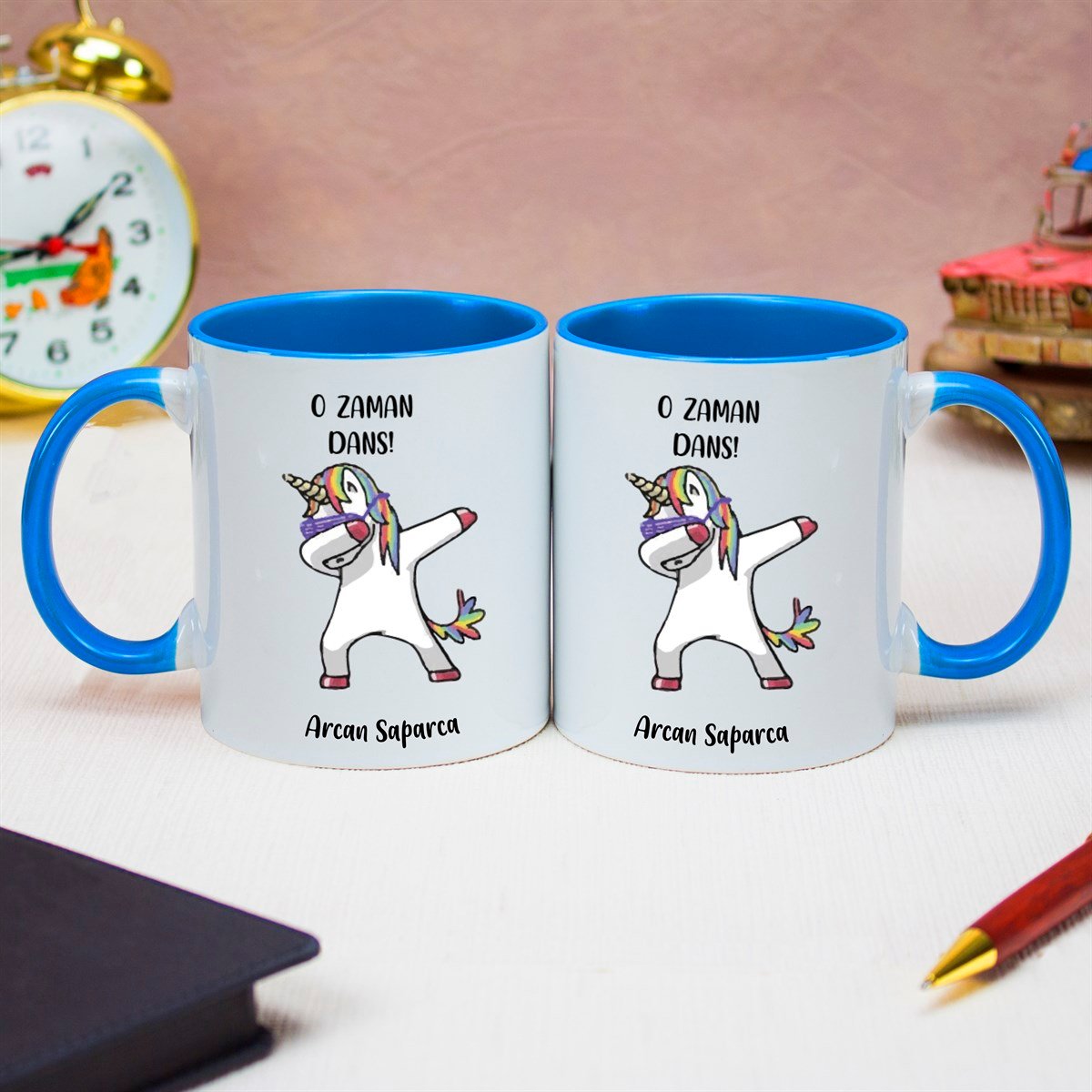 İsme Özel Unicorn Temalı Kupa Bardak - Mavi Kulplu
