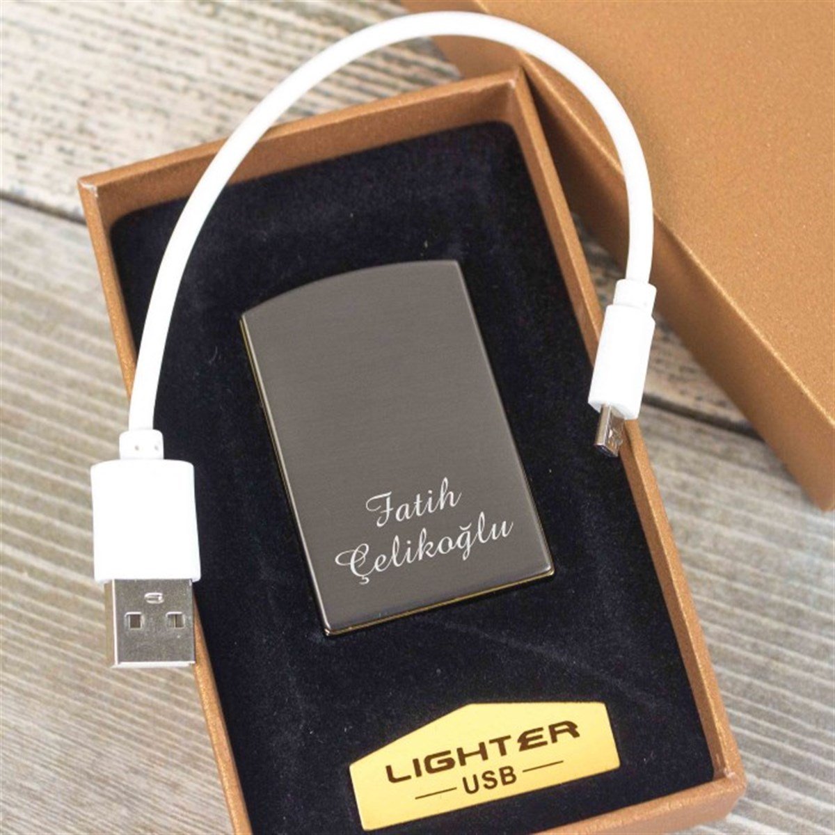 İsme Özel Usb Şarjlı Rezistanslı​ Metal Çakmak Füme