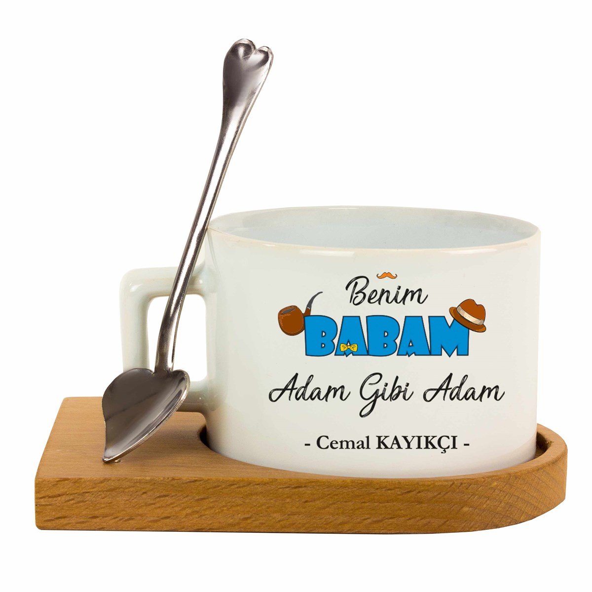 İsme Özel Ahşap Tepsili Kahve Çay Fincanı Seti - Benim Babam Adam Gibi Adam