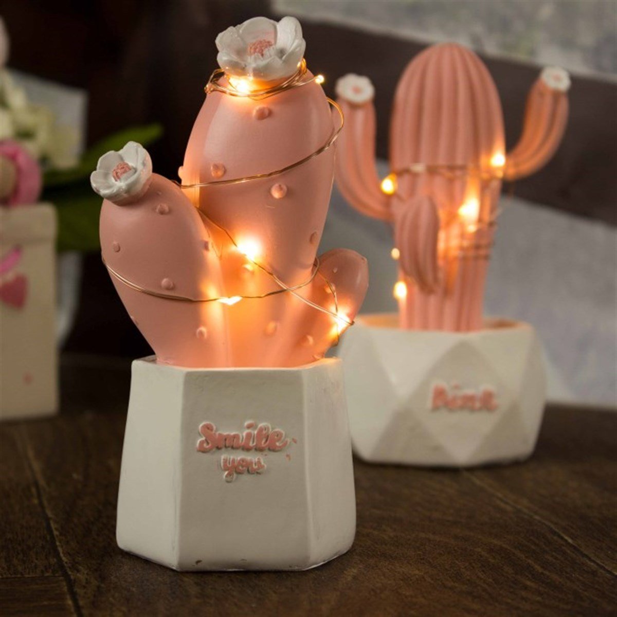 Kaktüs Tasarımlı Ledli Gece Lambası - Pembe