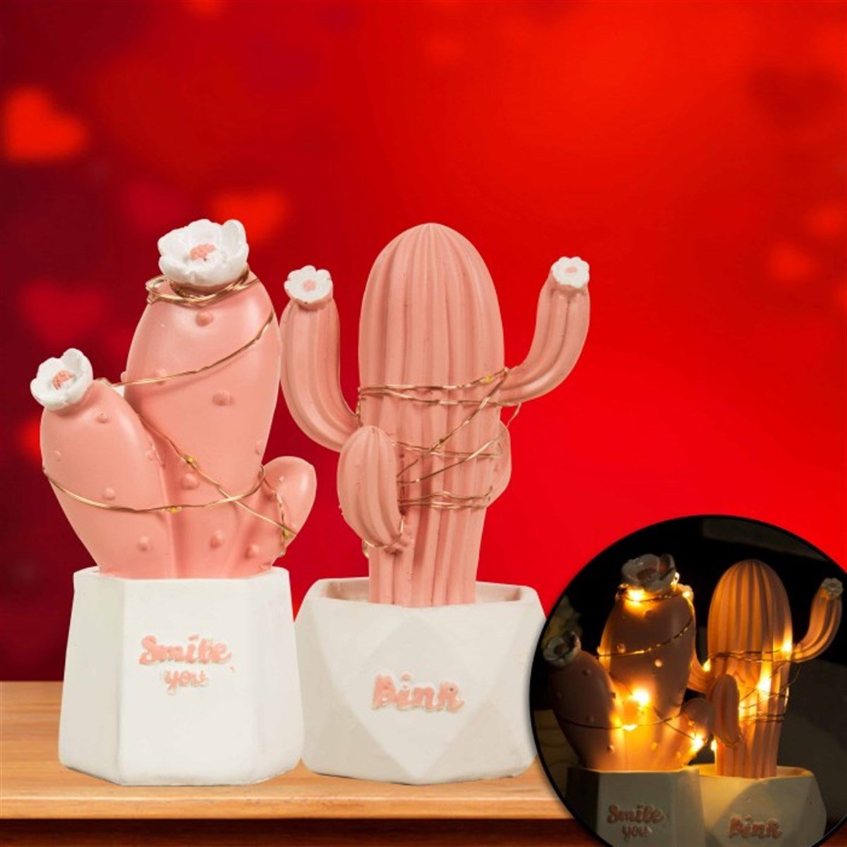Kaktüs Tasarımlı Ledli Gece Lambası - Pembe