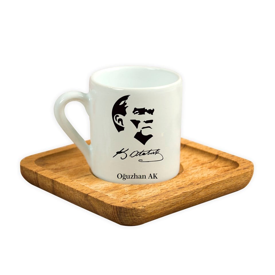 Kişiye Özel Ahşap Tepsili Fincan Seti - Atatürk Silüet