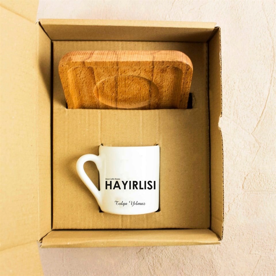 Kişiye Özel Ahşap Tepsili Fincan Seti - Hayırlısı