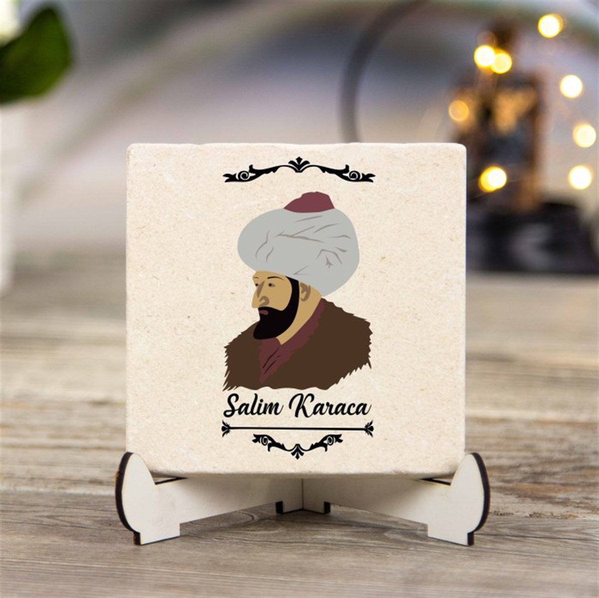 Kişiye Özel Baskılı Ahşap Stantlı İsimlik Kare Taş - Fatih Sultan Mehmet