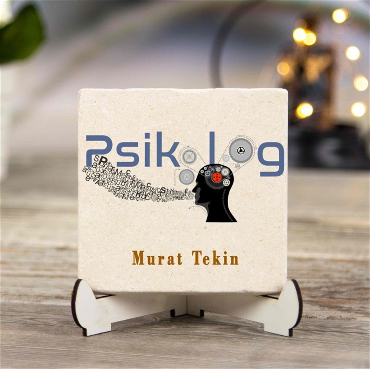 Kişiye Özel Baskılı Ahşap Stantlı İsimlik Kare Taş - Psikolog
