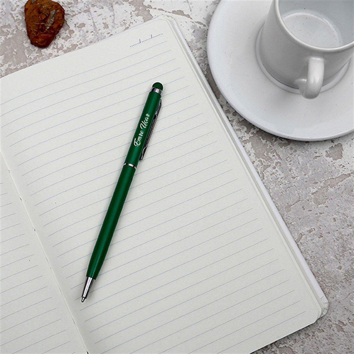 Kişiye Özel Defter Fincan ve Kalem Seti Hediye Kutusu - Çiçek Detaylı  I Love You Baskılı
