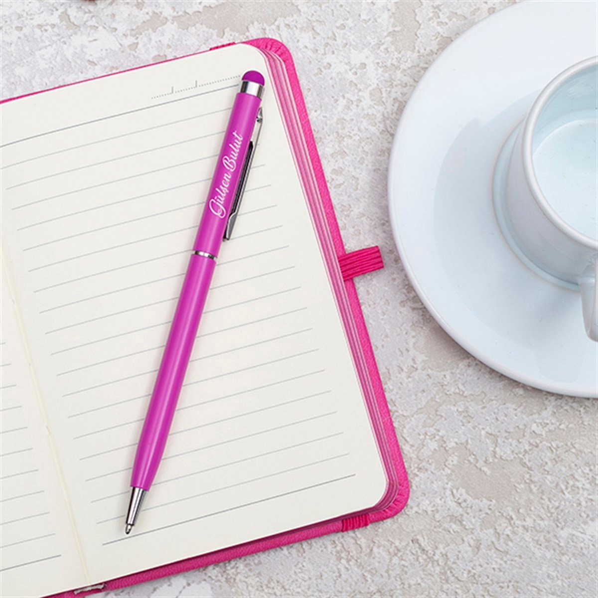 Kişiye Özel Defter Fincan ve Kalem Seti Hediye Kutusu - Çiçek Detaylı  I Love You Baskılı