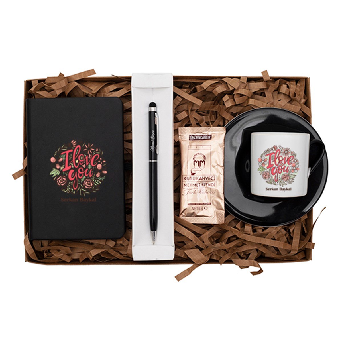 Kişiye Özel Defter Fincan ve Kalem Seti Hediye Kutusu - Çiçek Detaylı  I Love You Baskılı