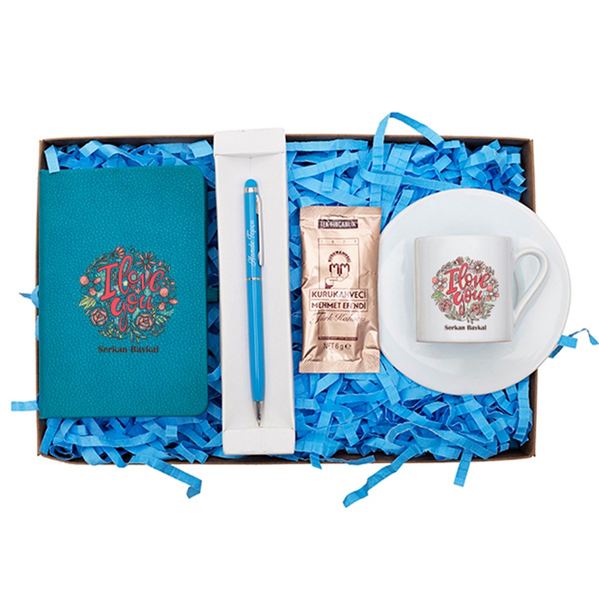 Kişiye Özel Defter Fincan ve Kalem Seti Hediye Kutusu - Çiçek Detaylı  I Love You Baskılı