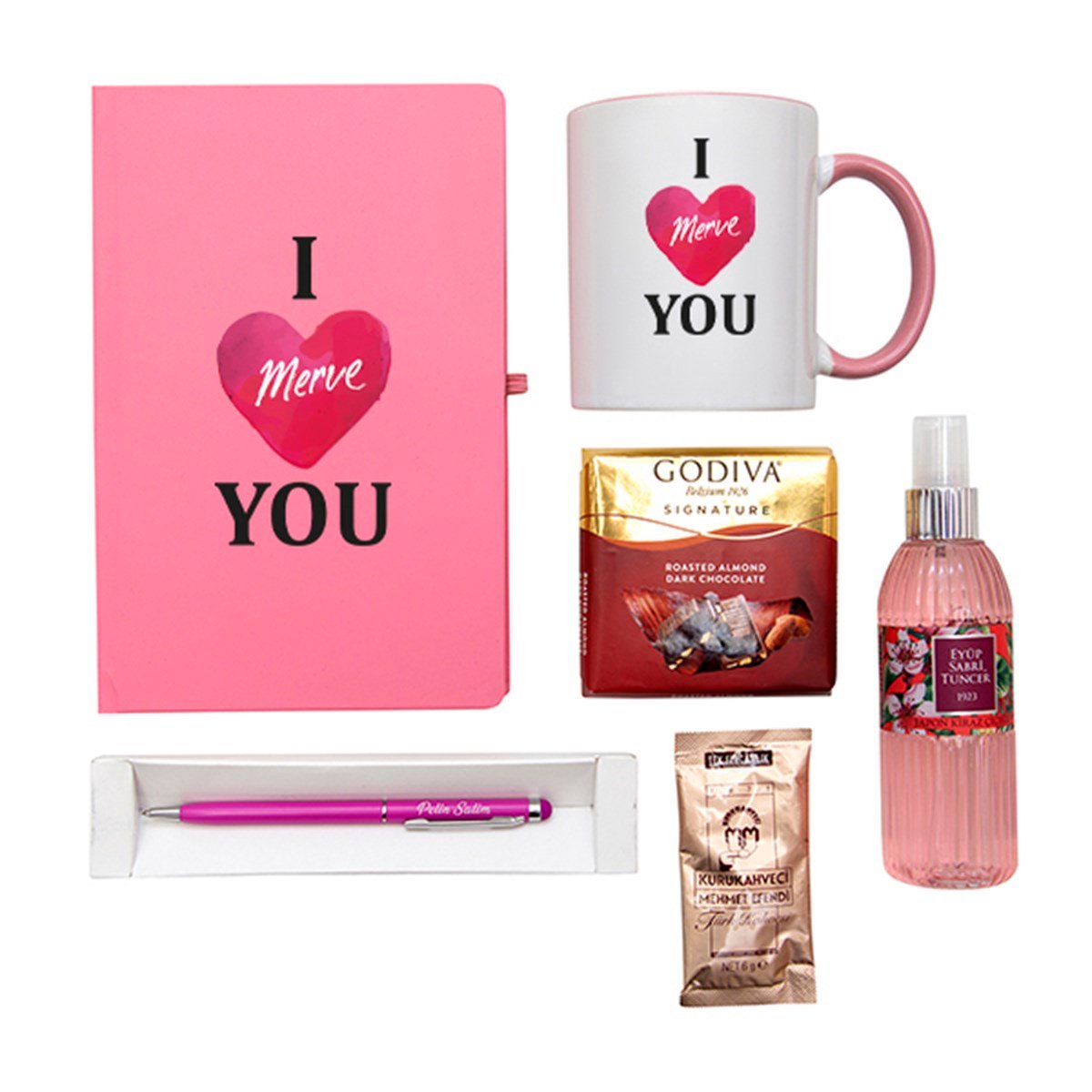 Kişiye Özel Defter Kupa Çikolata Kolonya Kalem Seti Hediye Kutusu -  I Love You Temalı