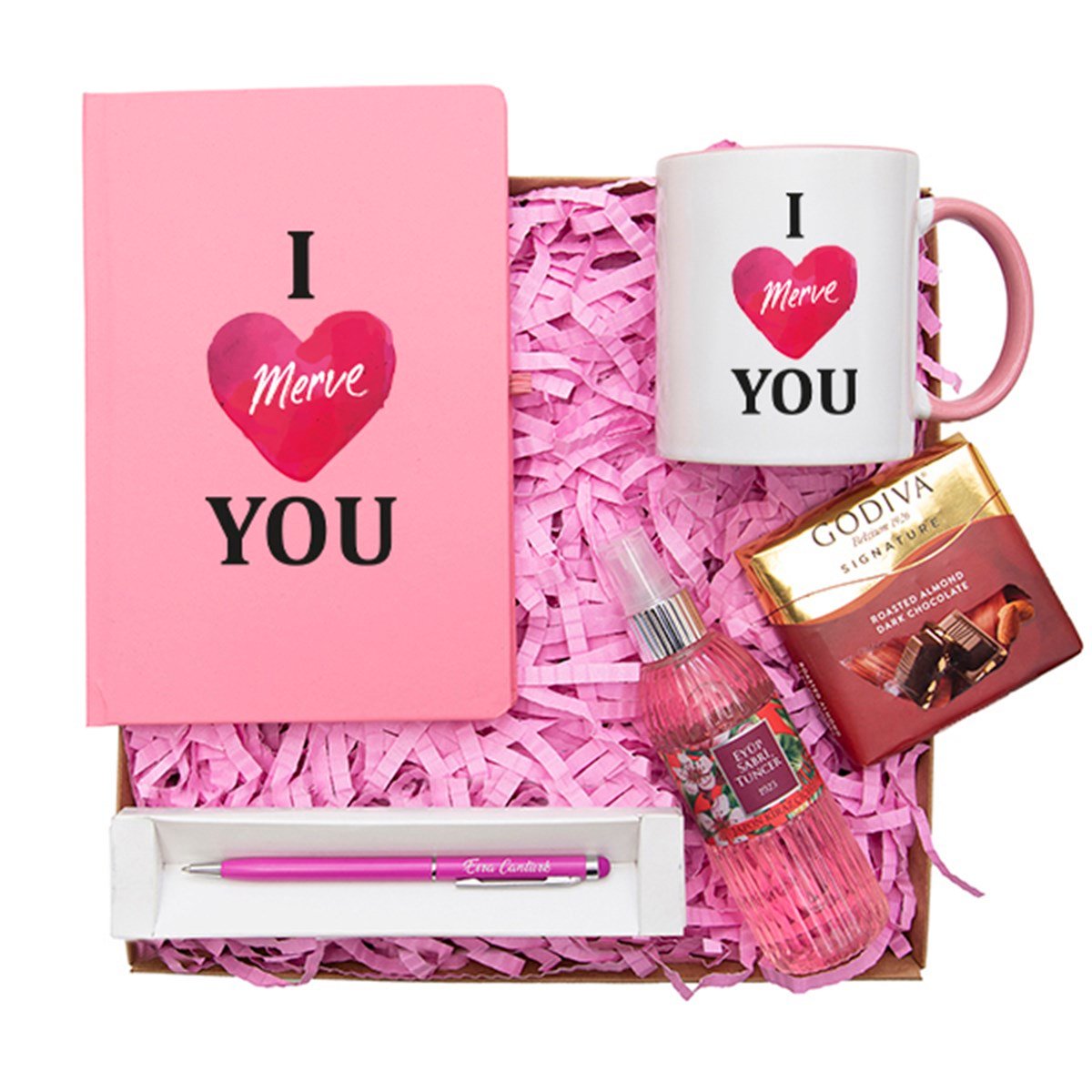 Kişiye Özel Defter Kupa Çikolata Kolonya Kalem Seti Hediye Kutusu -  I Love You Temalı