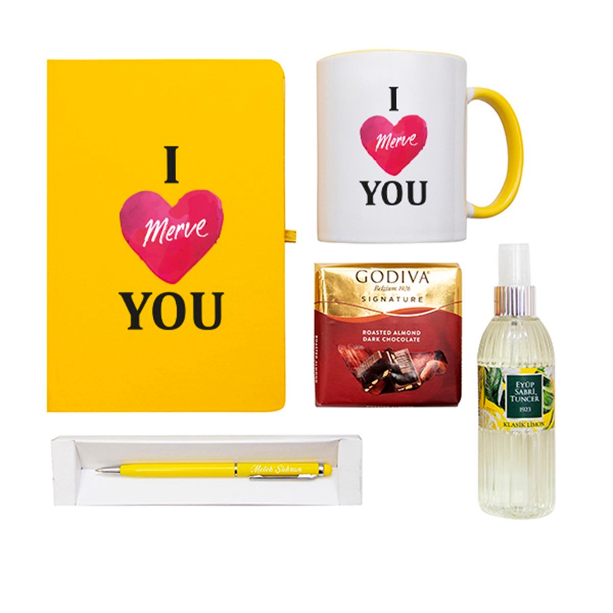 Kişiye Özel Defter Kupa Çikolata Kolonya Kalem Seti Hediye Kutusu -  I Love You Temalı