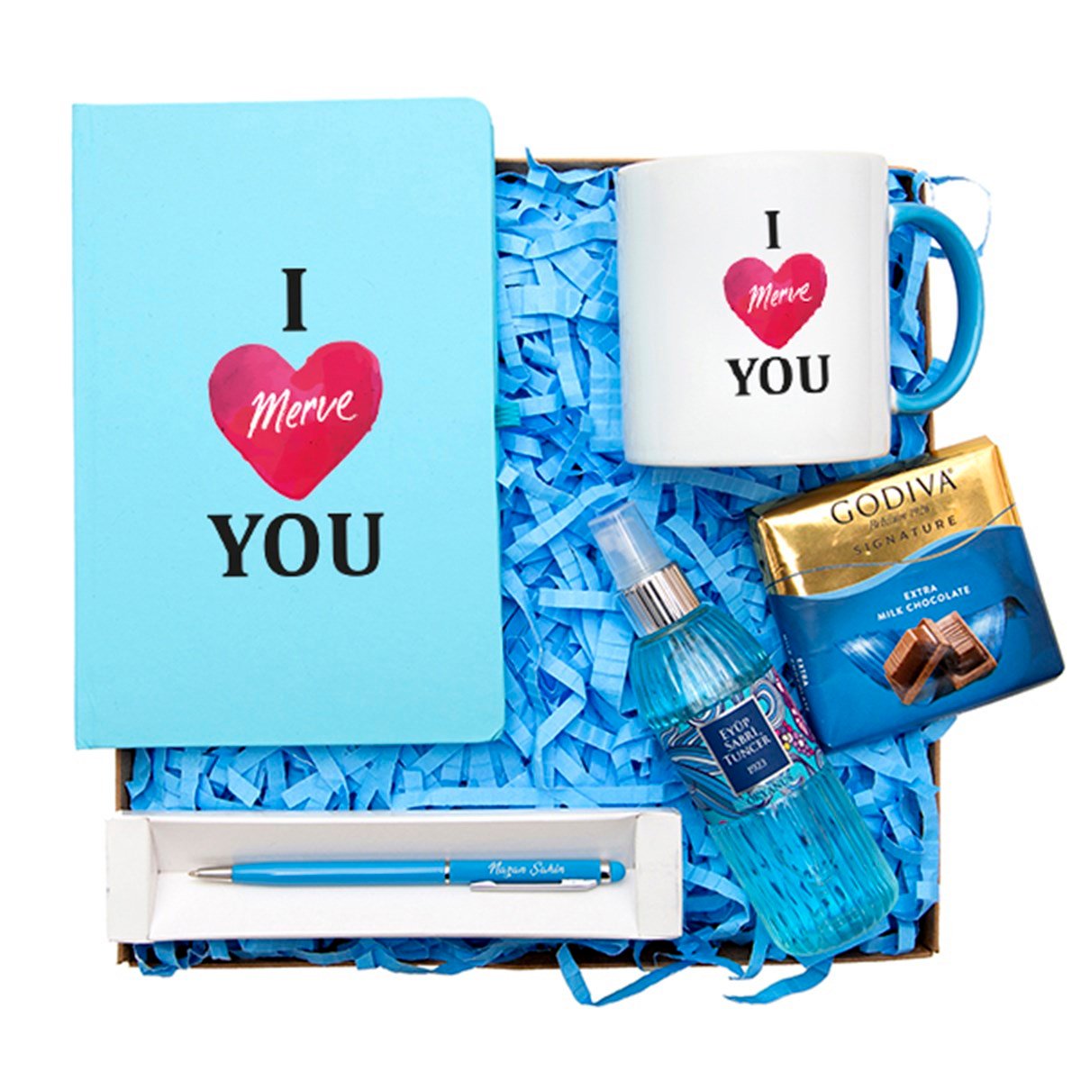 Kişiye Özel Defter Kupa Çikolata Kolonya Kalem Seti Hediye Kutusu -  I Love You Temalı