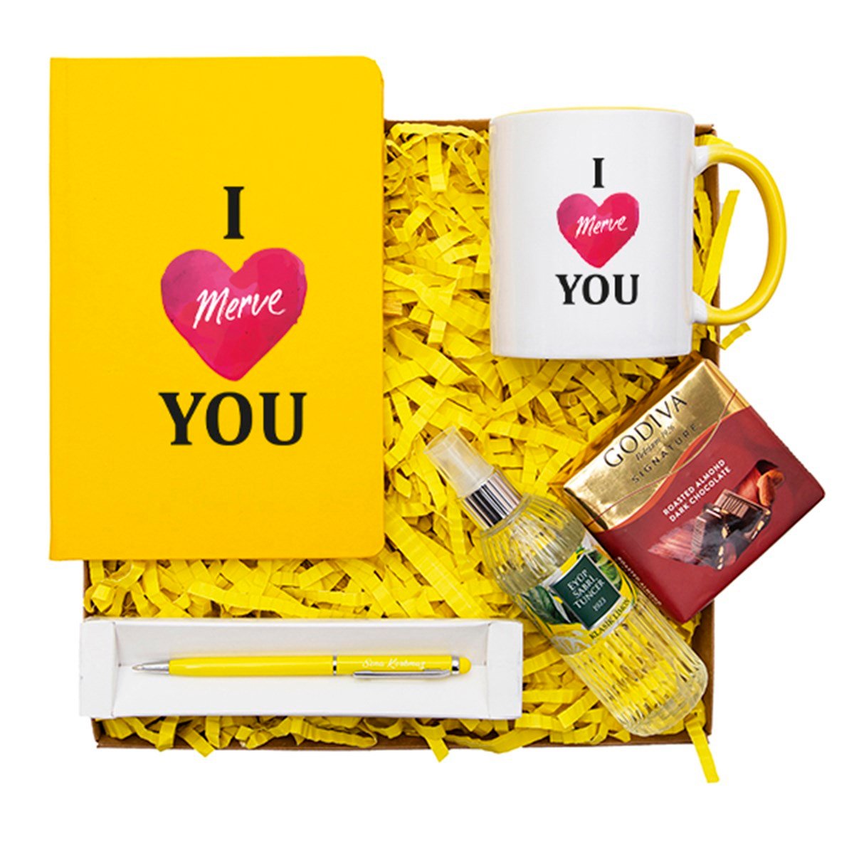 Kişiye Özel Defter Kupa Çikolata Kolonya Kalem Seti Hediye Kutusu -  I Love You Temalı