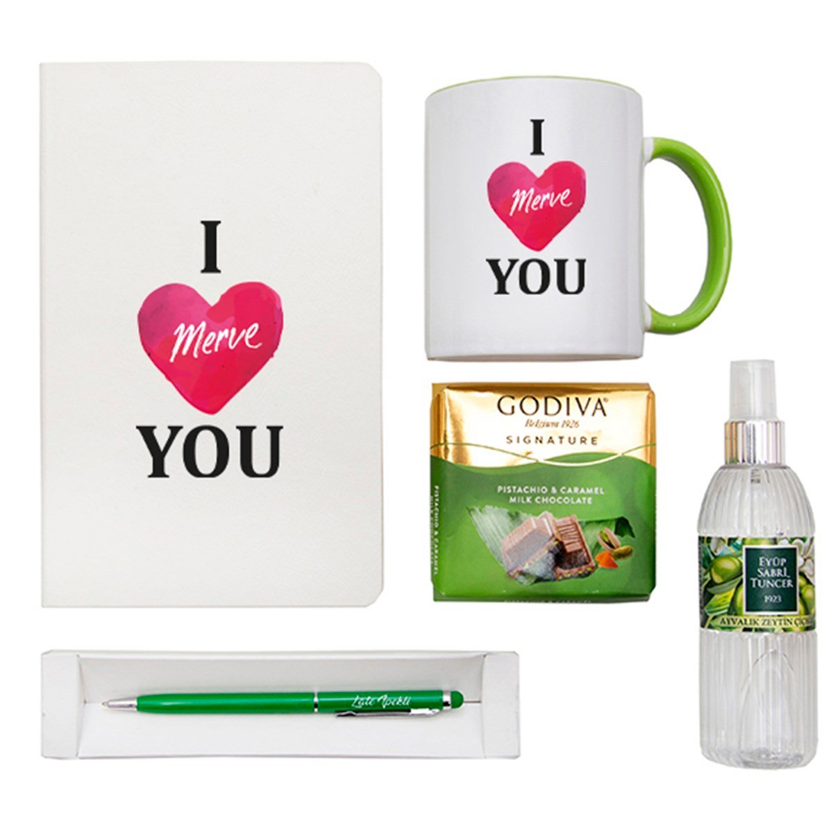 Kişiye Özel Defter Kupa Çikolata Kolonya Kalem Seti Hediye Kutusu -  I Love You Temalı