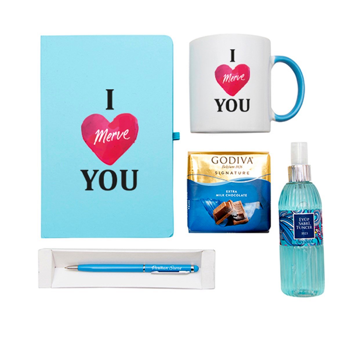 Kişiye Özel Defter Kupa Çikolata Kolonya Kalem Seti Hediye Kutusu -  I Love You Temalı