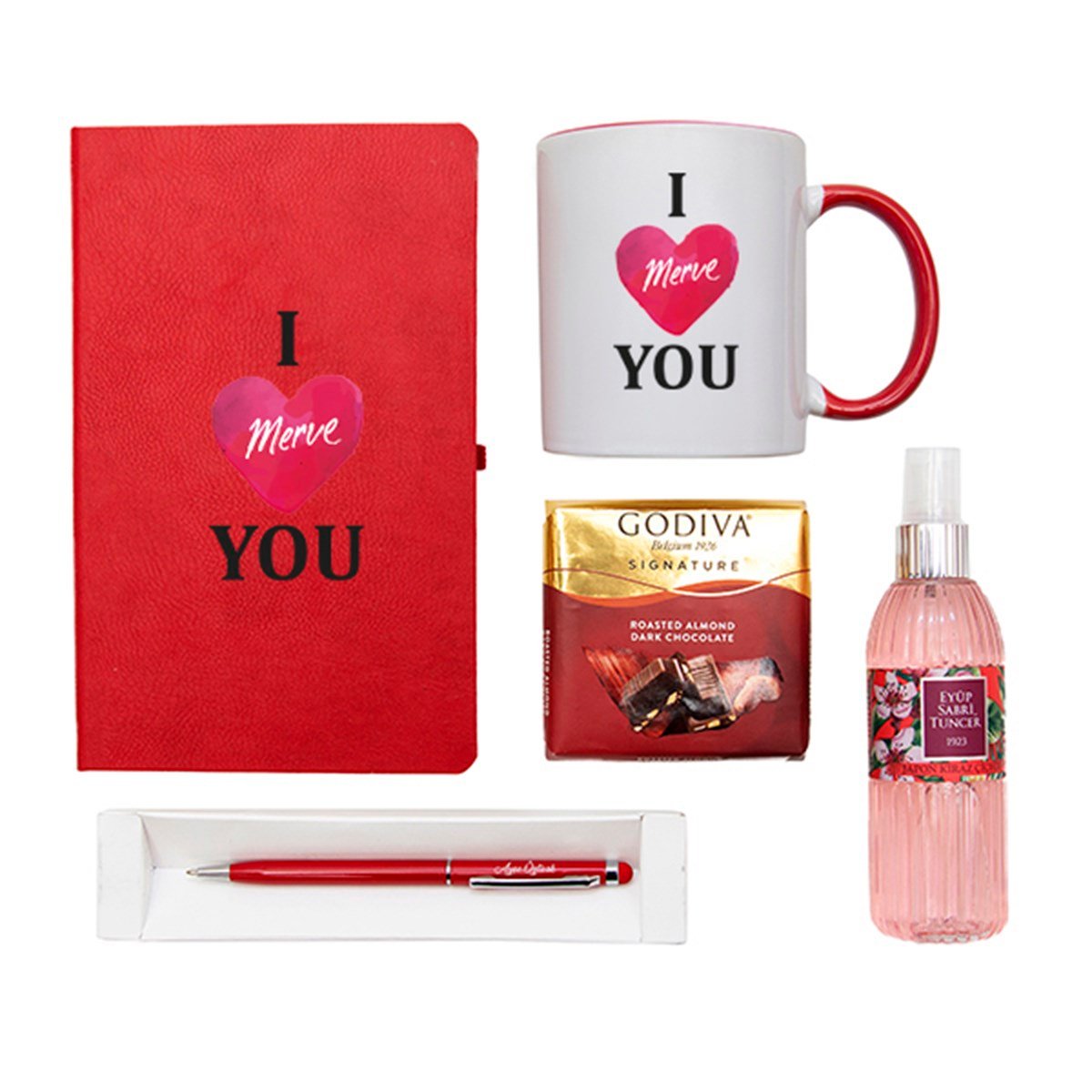 Kişiye Özel Defter Kupa Çikolata Kolonya Kalem Seti Hediye Kutusu -  I Love You Temalı