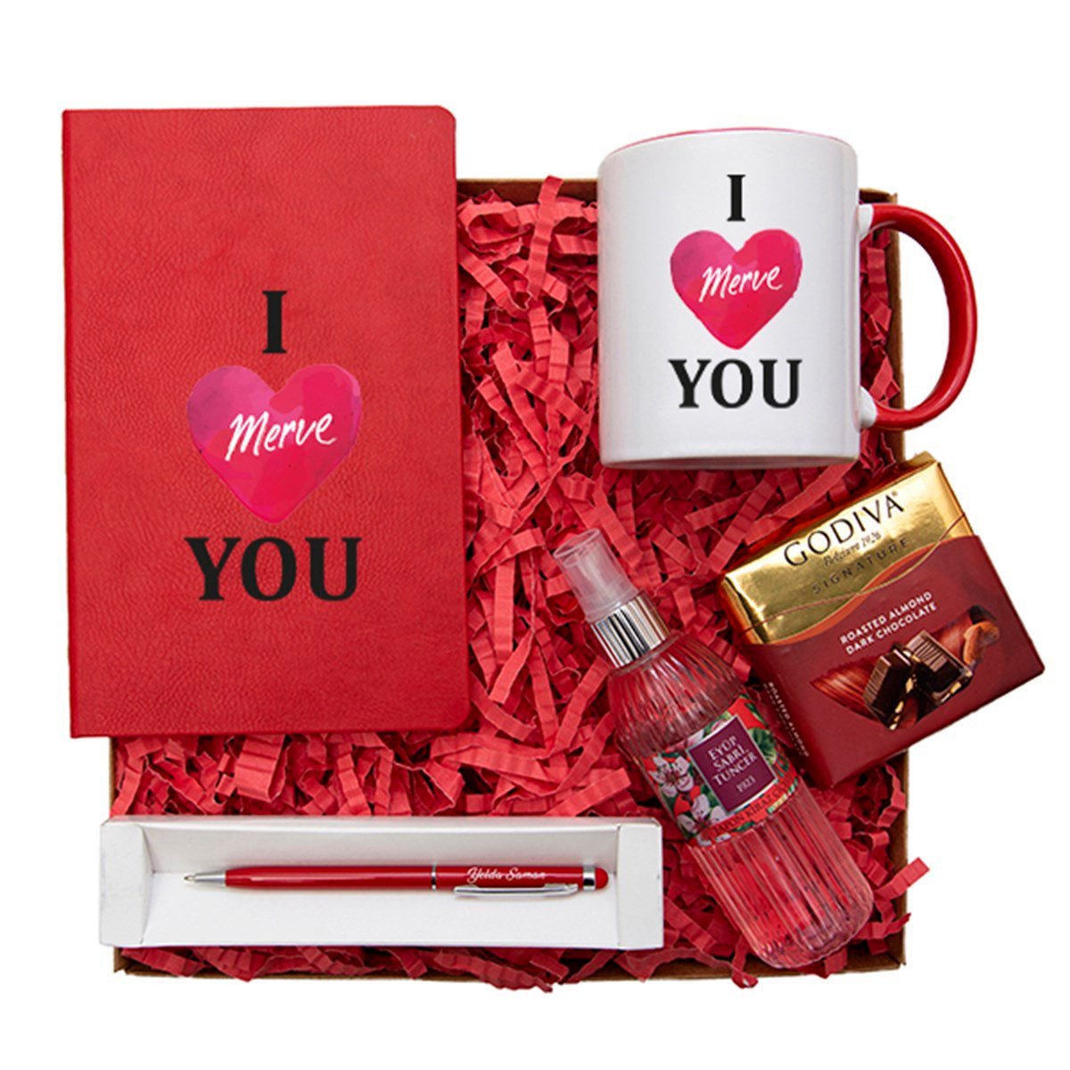 Kişiye Özel Defter Kupa Çikolata Kolonya Kalem Seti Hediye Kutusu -  I Love You Temalı