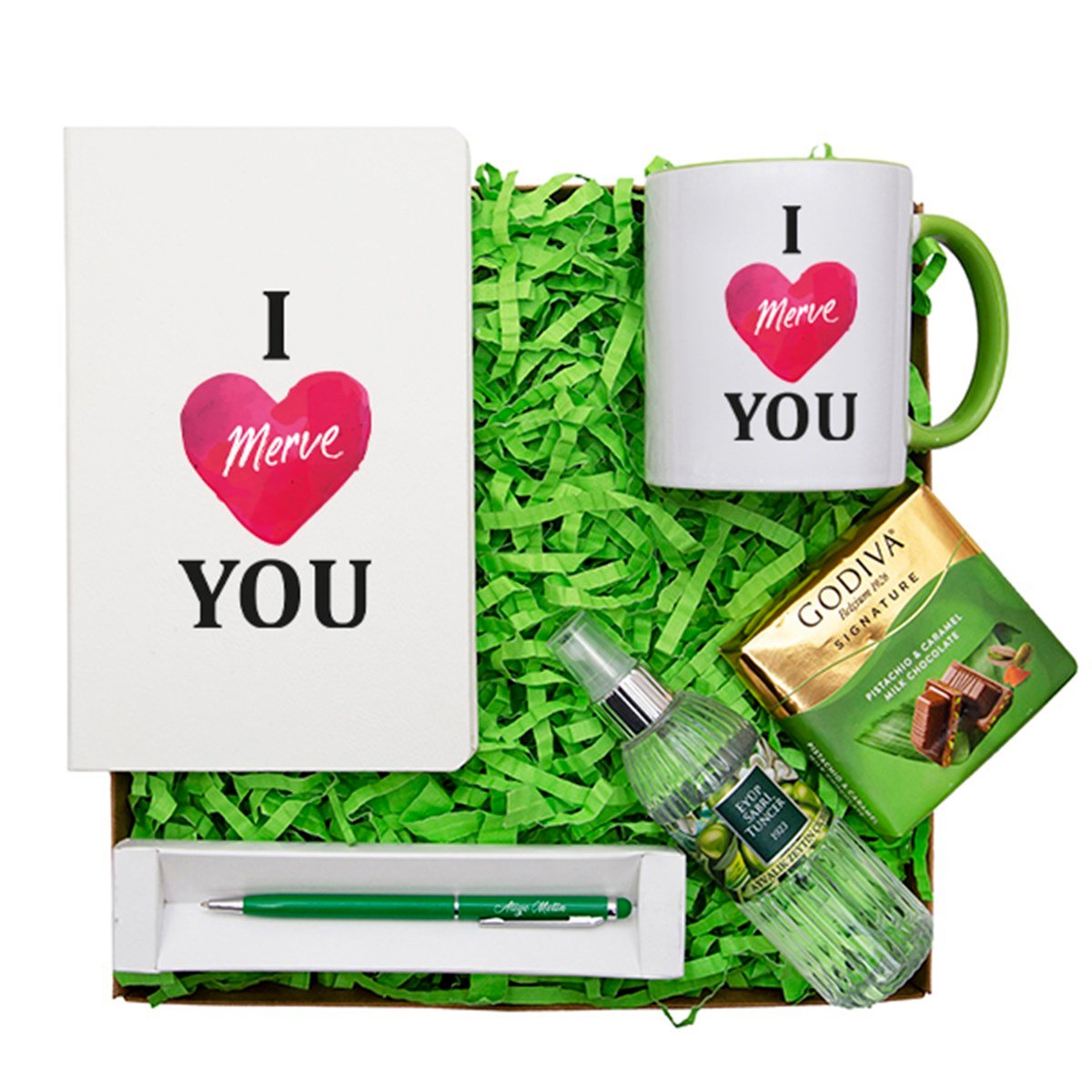Kişiye Özel Defter Kupa Çikolata Kolonya Kalem Seti Hediye Kutusu -  I Love You Temalı