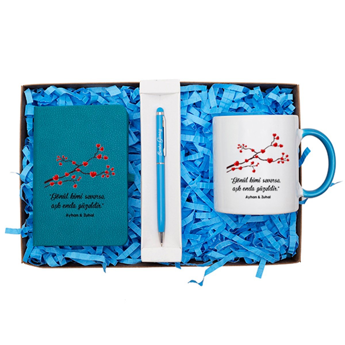 Kişiye Özel Defter Kupa ve Kalem Seti Hediye Kutusu - Kalpli Ağaç Dalı Baskılı