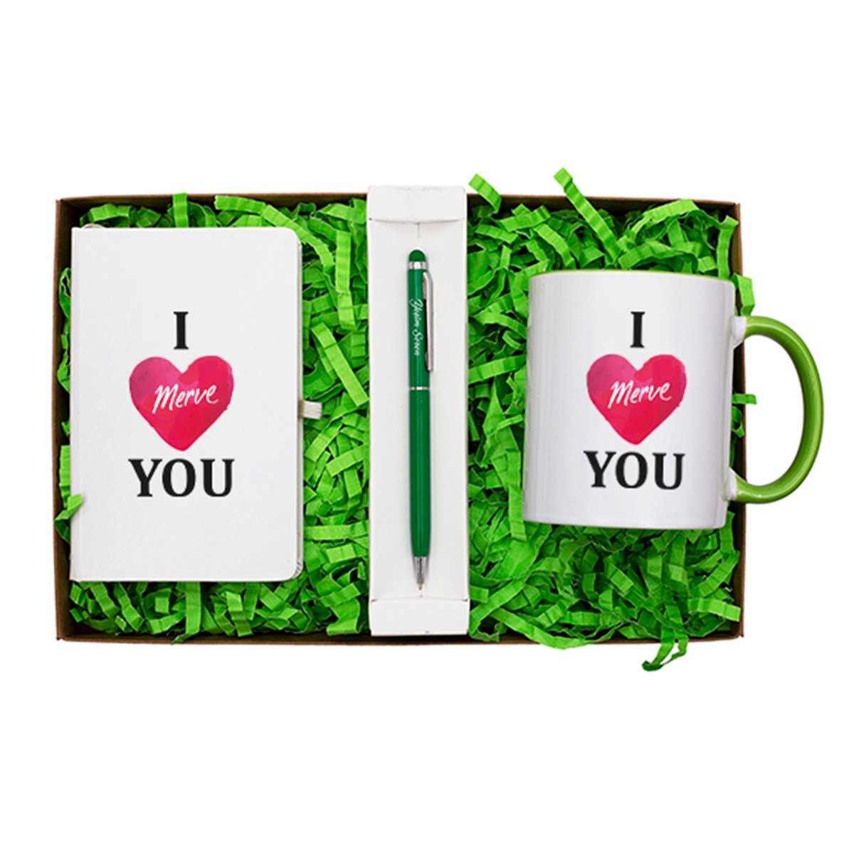 Kişiye Özel Defter Kupa ve Kalem Seti Hediye Kutusu - I Love You Temalı