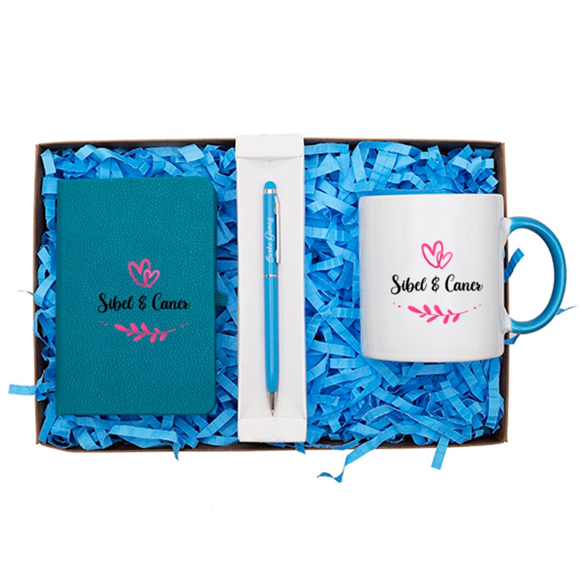 Kişiye Özel Defter Kupa ve Kalem Seti Hediye Kutusu - Çiçek ve Kalp Temalı