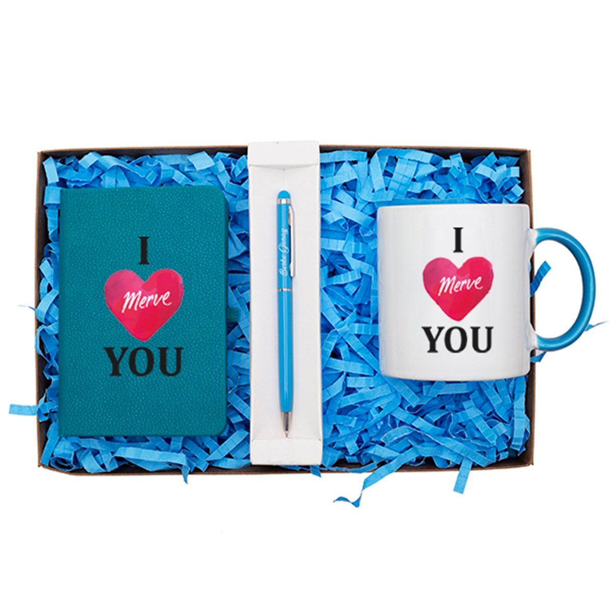 Kişiye Özel Defter Kupa ve Kalem Seti Hediye Kutusu - I Love You Temalı