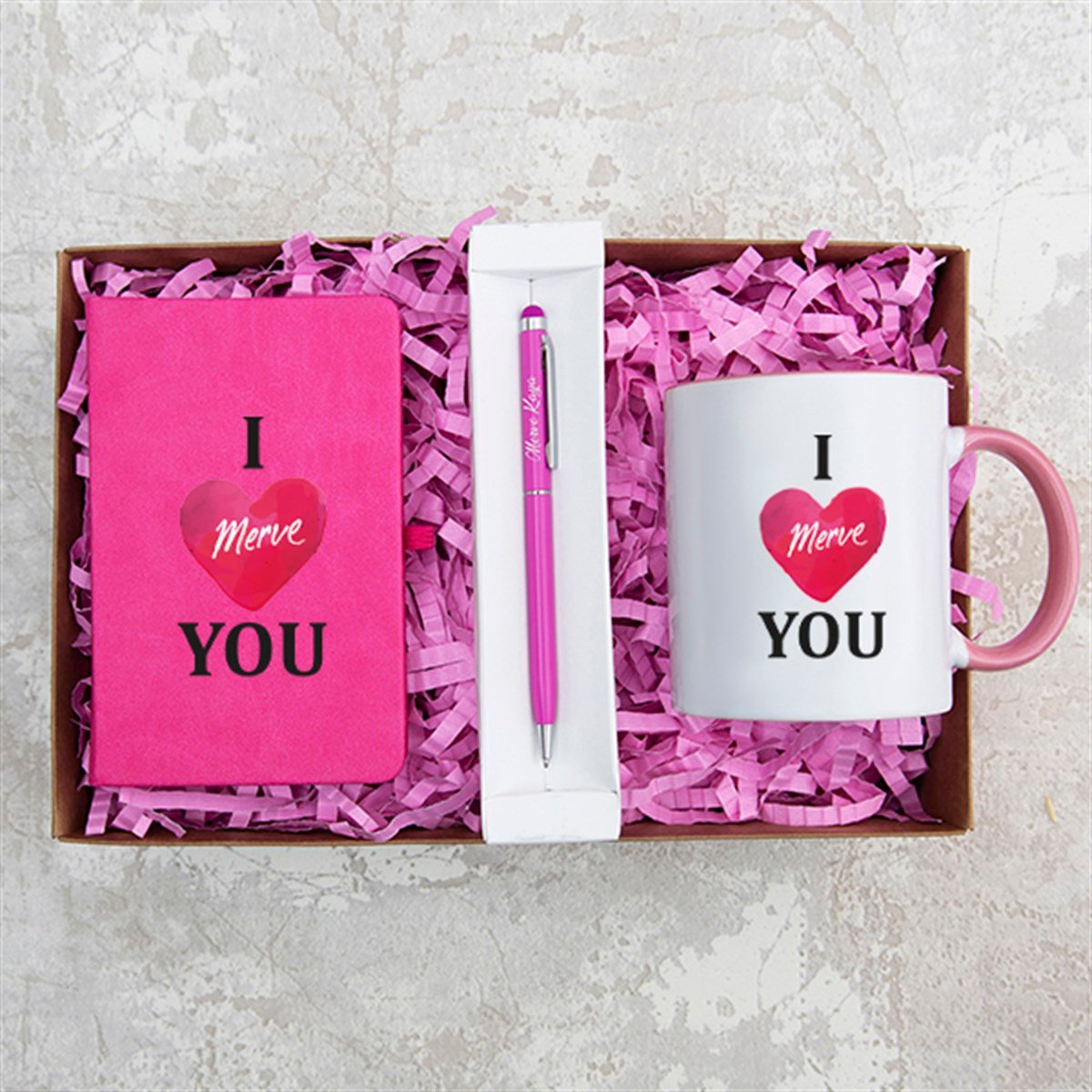 Kişiye Özel Defter Kupa ve Kalem Seti Hediye Kutusu - I Love You Temalı