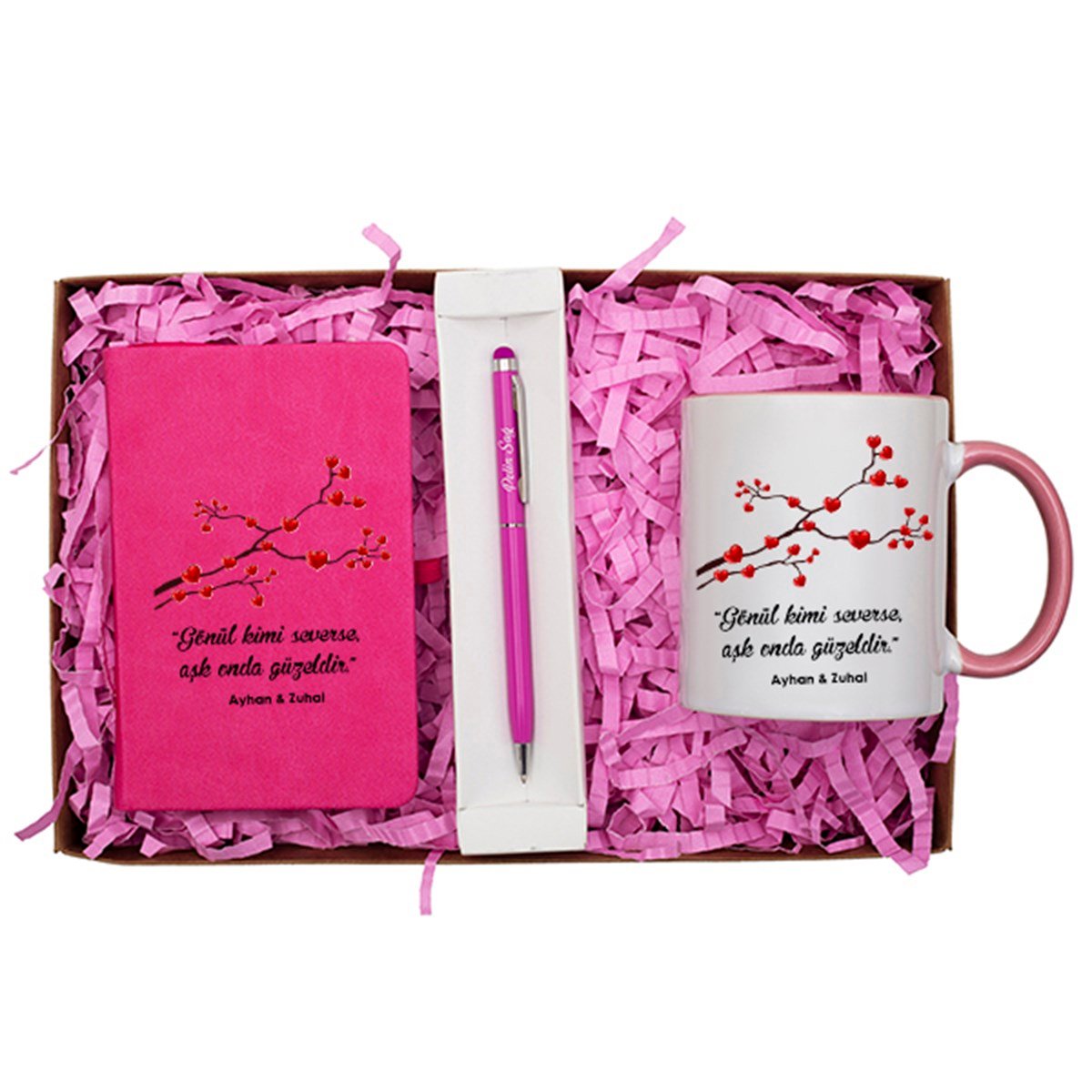 Kişiye Özel Defter Kupa ve Kalem Seti Hediye Kutusu - Kalpli Ağaç Dalı Baskılı