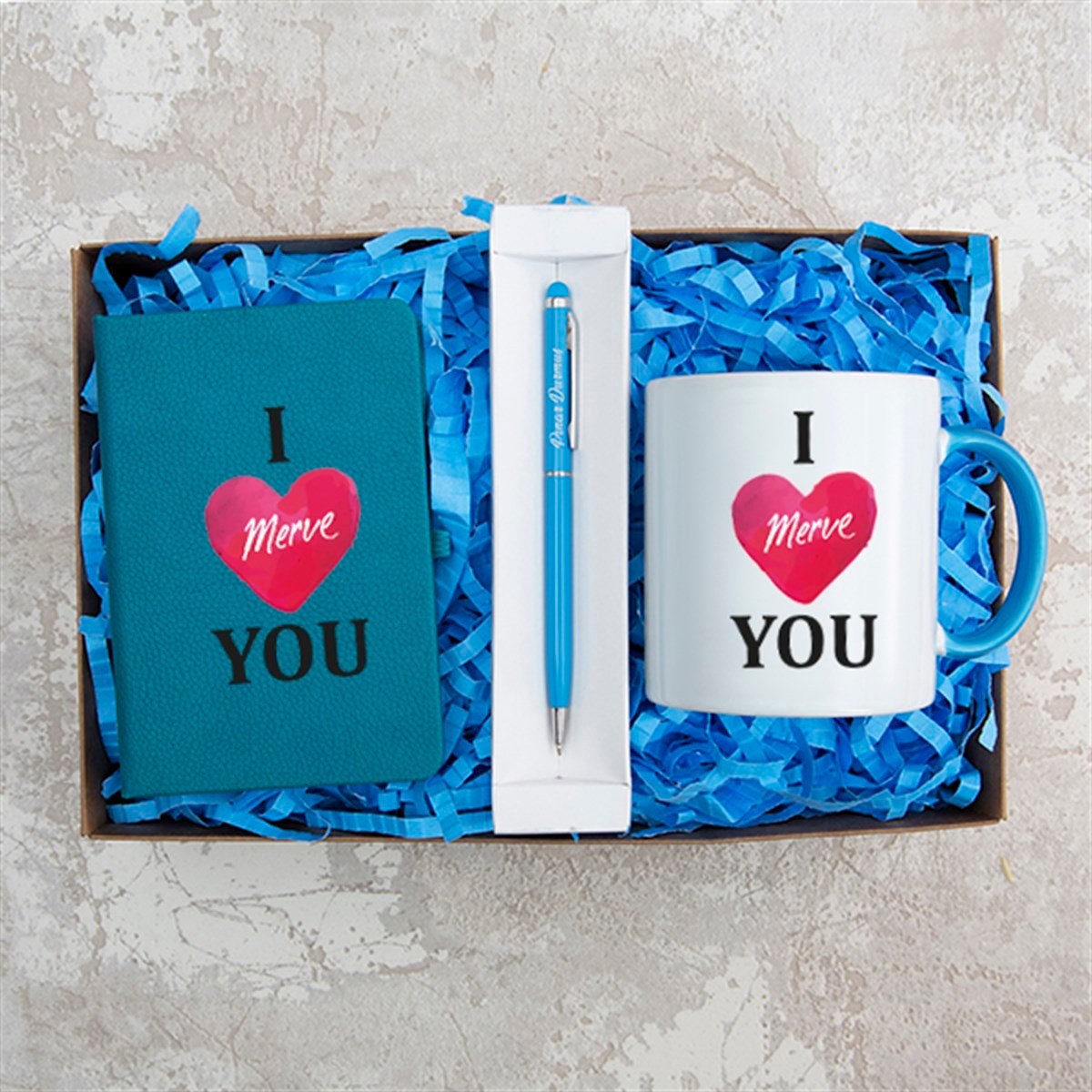 Kişiye Özel Defter Kupa ve Kalem Seti Hediye Kutusu - I Love You Temalı