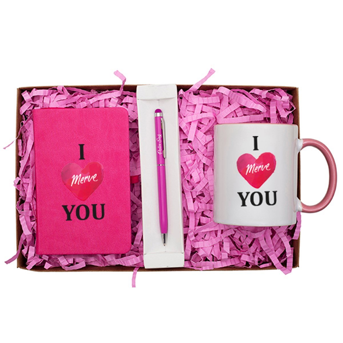 Kişiye Özel Defter Kupa ve Kalem Seti Hediye Kutusu - I Love You Temalı