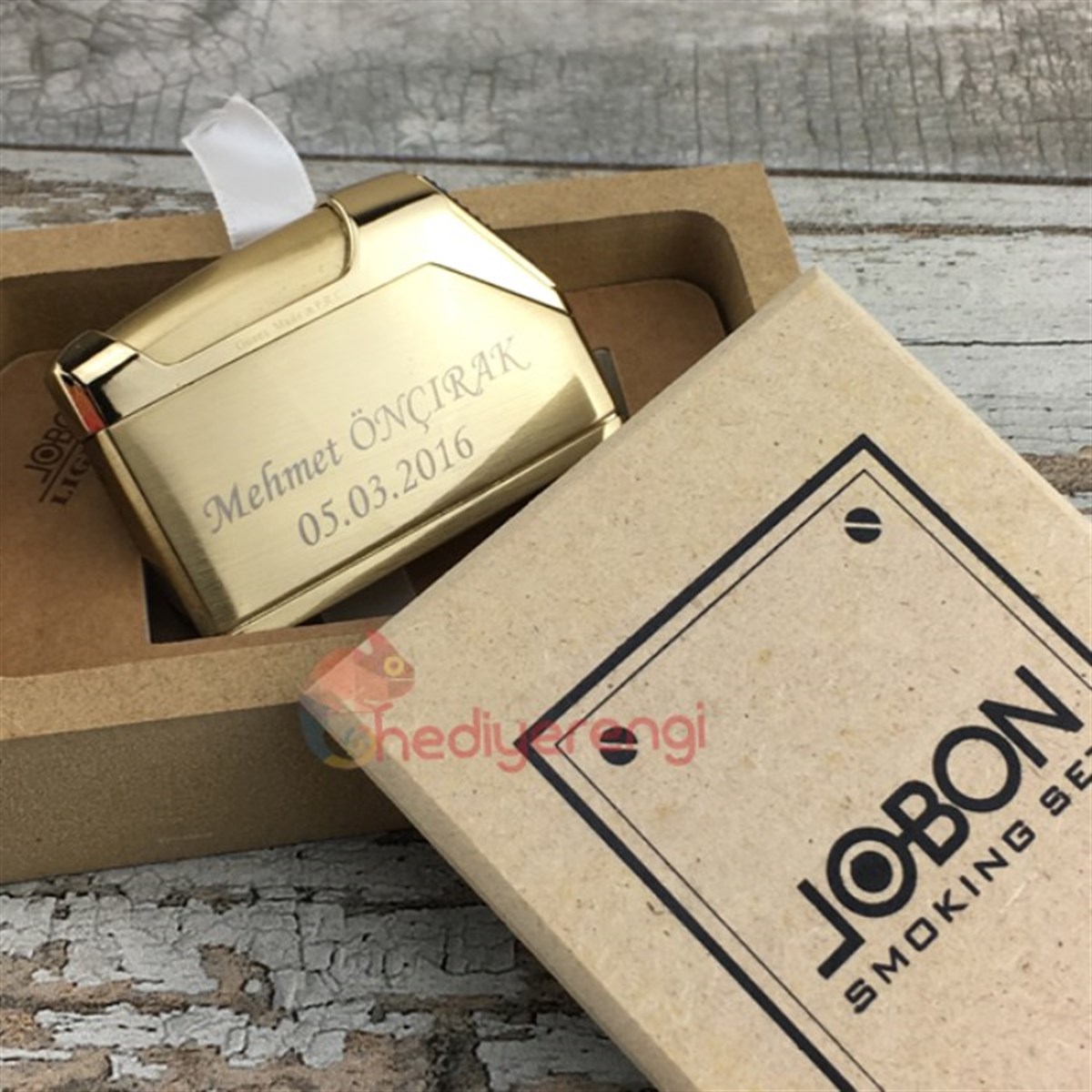 Kişiye Özel Jobon Marka Metal Çakmak Tasarım Kutulu Altın Sarısı