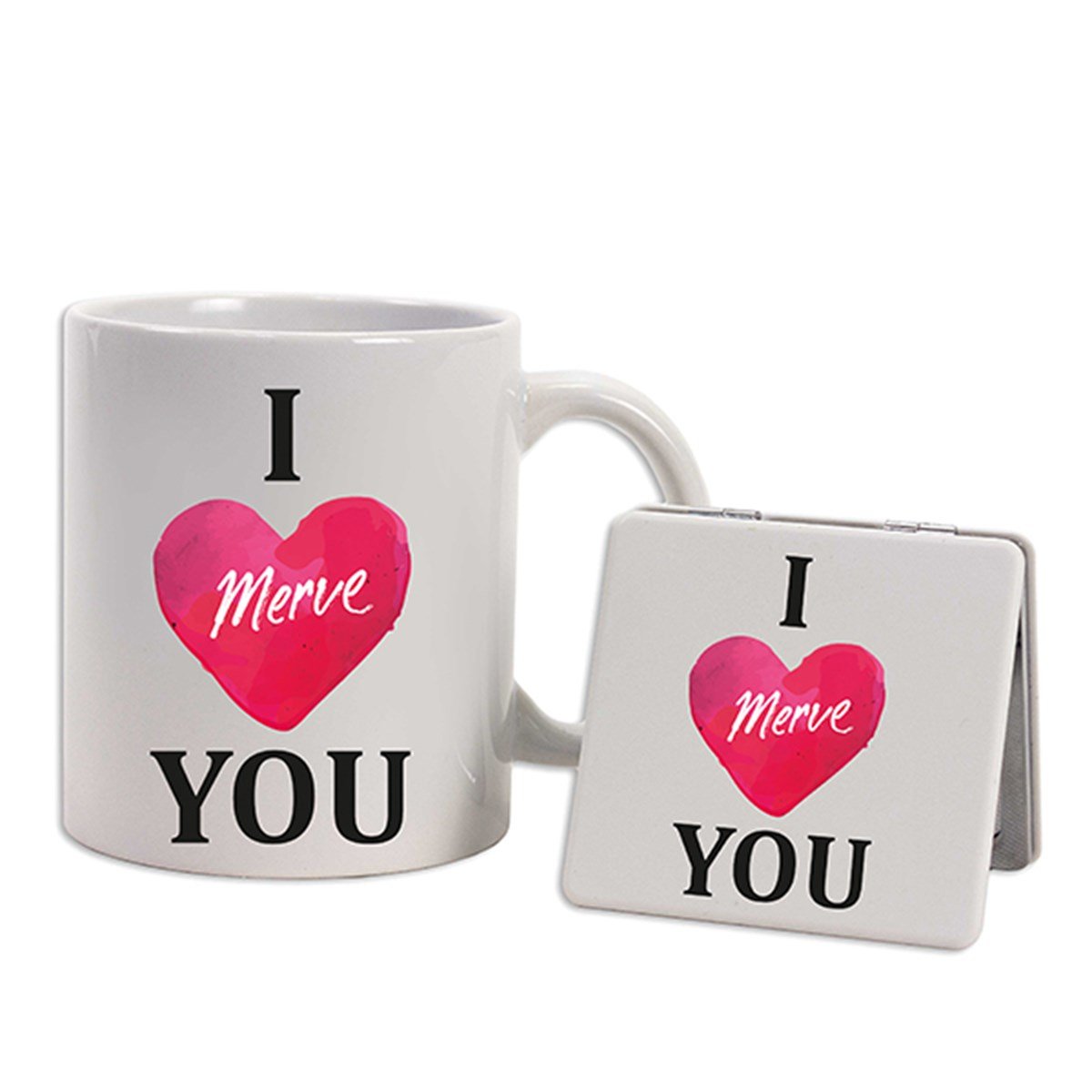 Kişiye Özel Kare Ayna ve Kupa Seti - I Love You Temalı