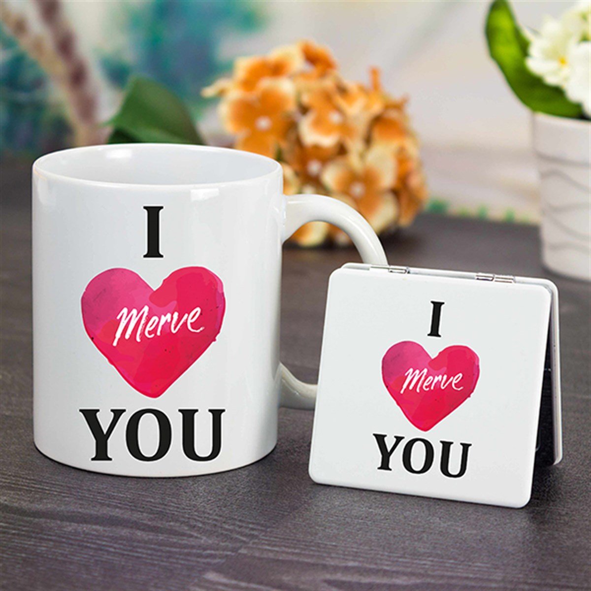 Kişiye Özel Kare Ayna ve Kupa Seti - I Love You Temalı