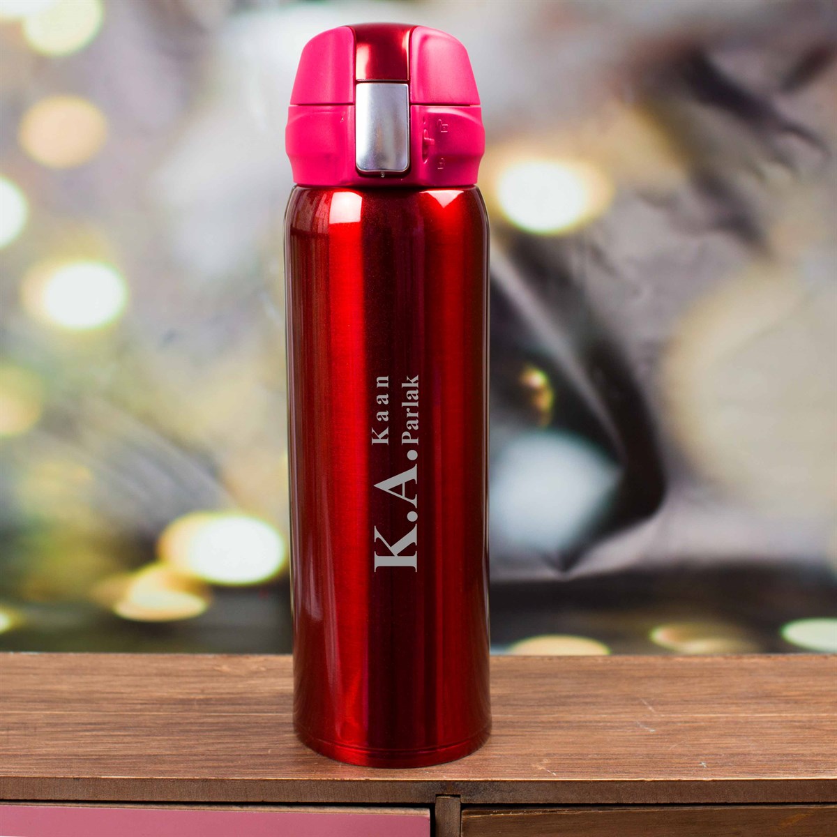 Kişiye Özel Kilitli  Kapaklı Lüx Çelik Termos 500 ML - Kırmızı M2