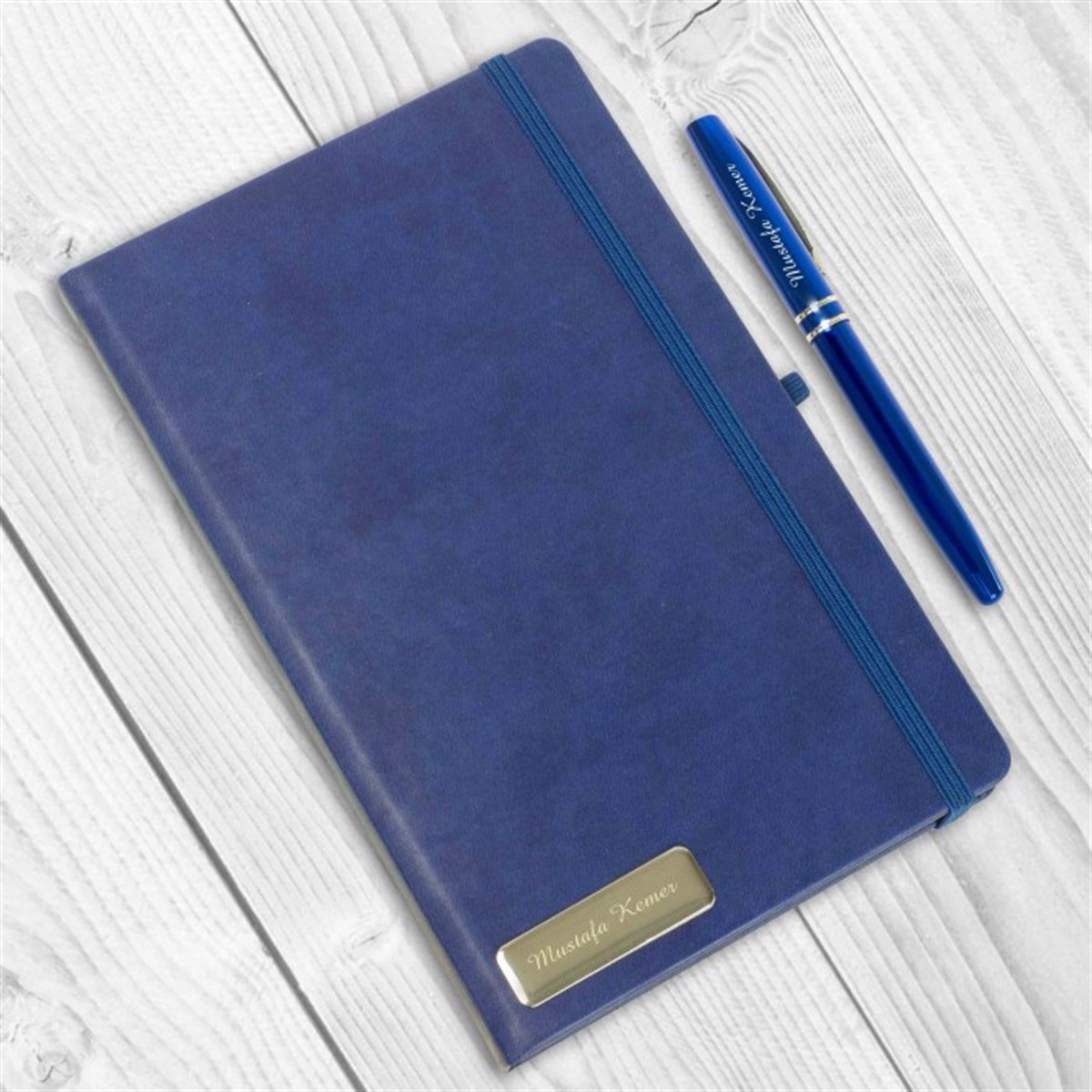 Kişiye Özel Lastikli Mavi Defter​ ve Mavi Kalem Seti