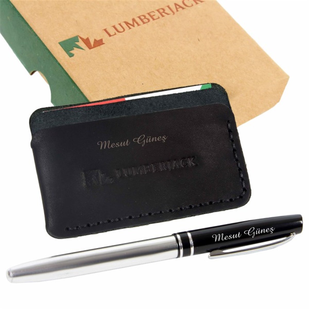 Kişiye Özel Lumberjack Deri Kartlık ve Roller Kalem Seti Siyah