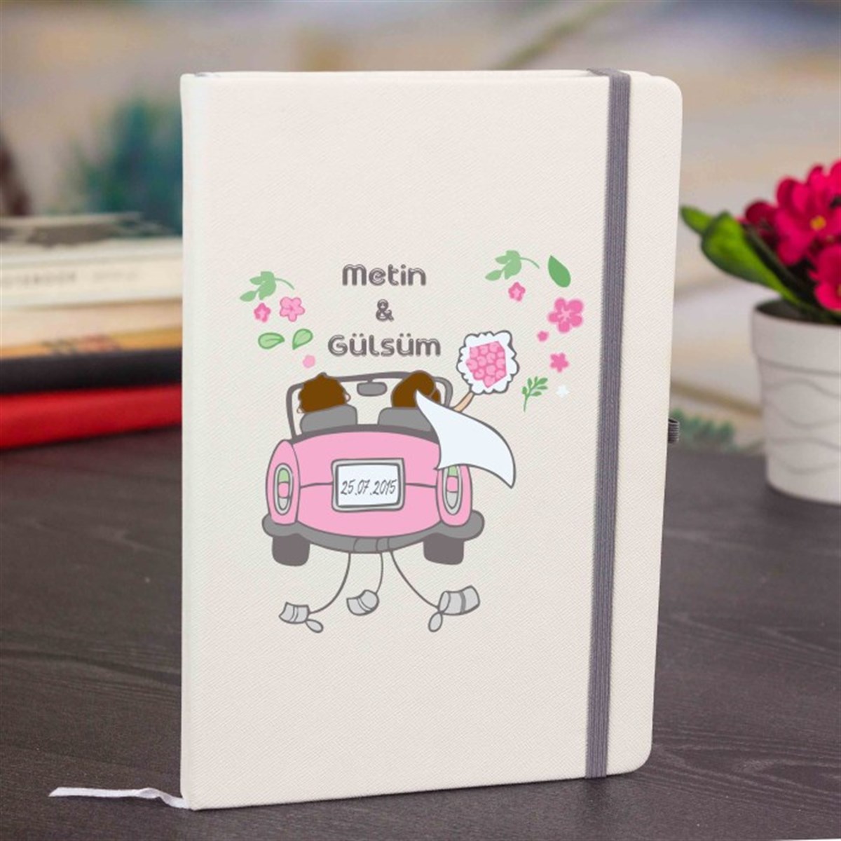 Kişiye Özel Renkli Baskılı Beyaz Defter - Gelin Arabası