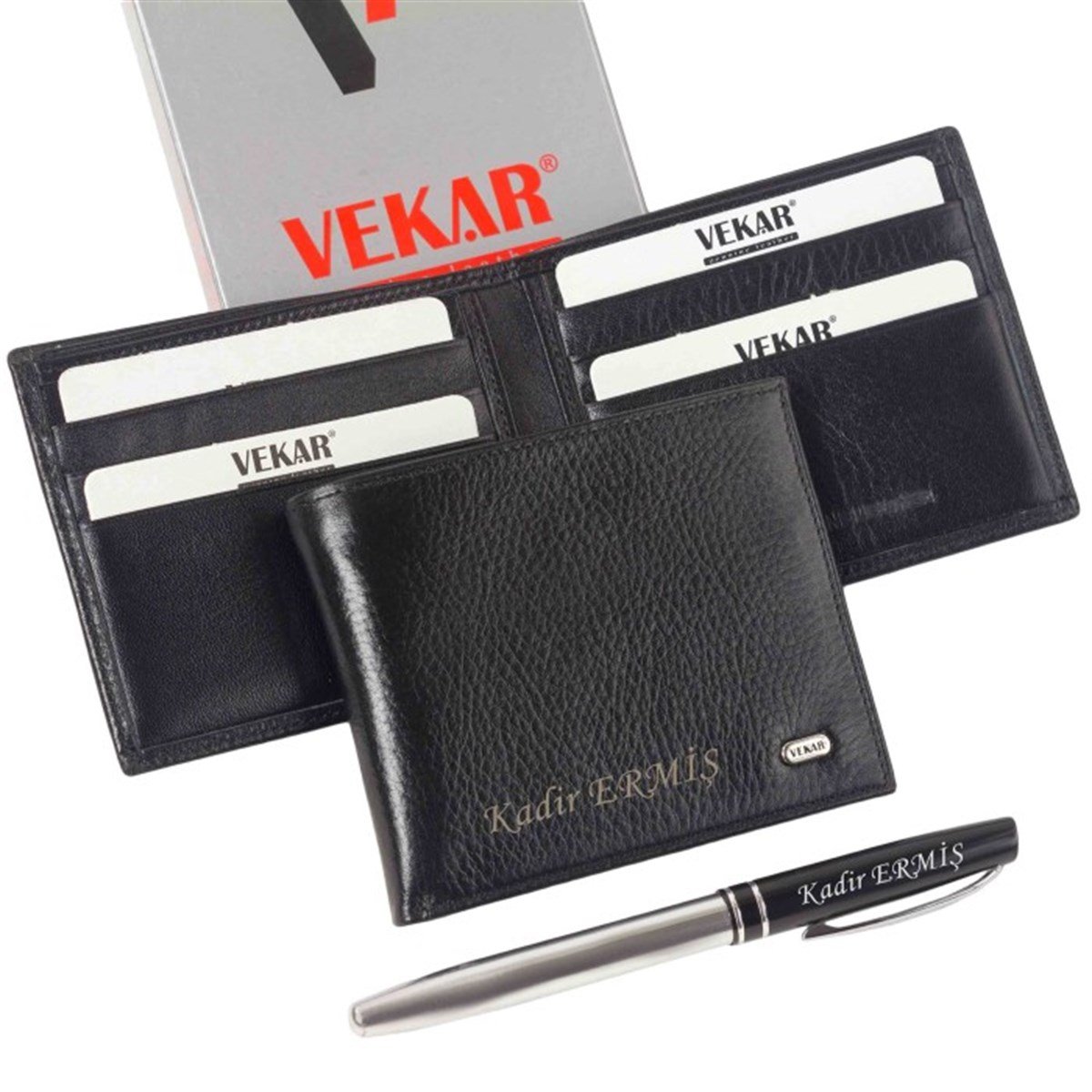 Kişiye Özel Vekar Deri Erkek Cüzdanı İnce Tasarımlı Siyah V002