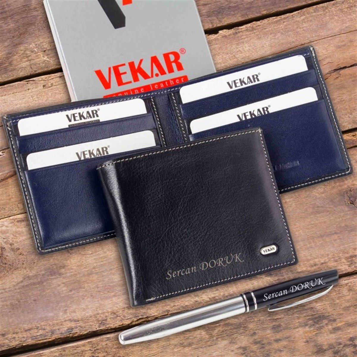 Kişiye Özel Vekar Deri Erkek Cüzdanı İnce Tasarımlı Siyah İçi Lacivert V001