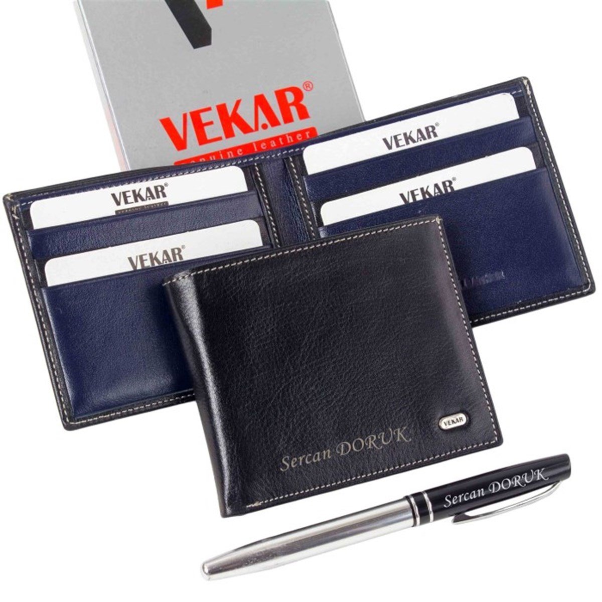 Kişiye Özel Vekar Deri Erkek Cüzdanı İnce Tasarımlı Siyah İçi Lacivert V001