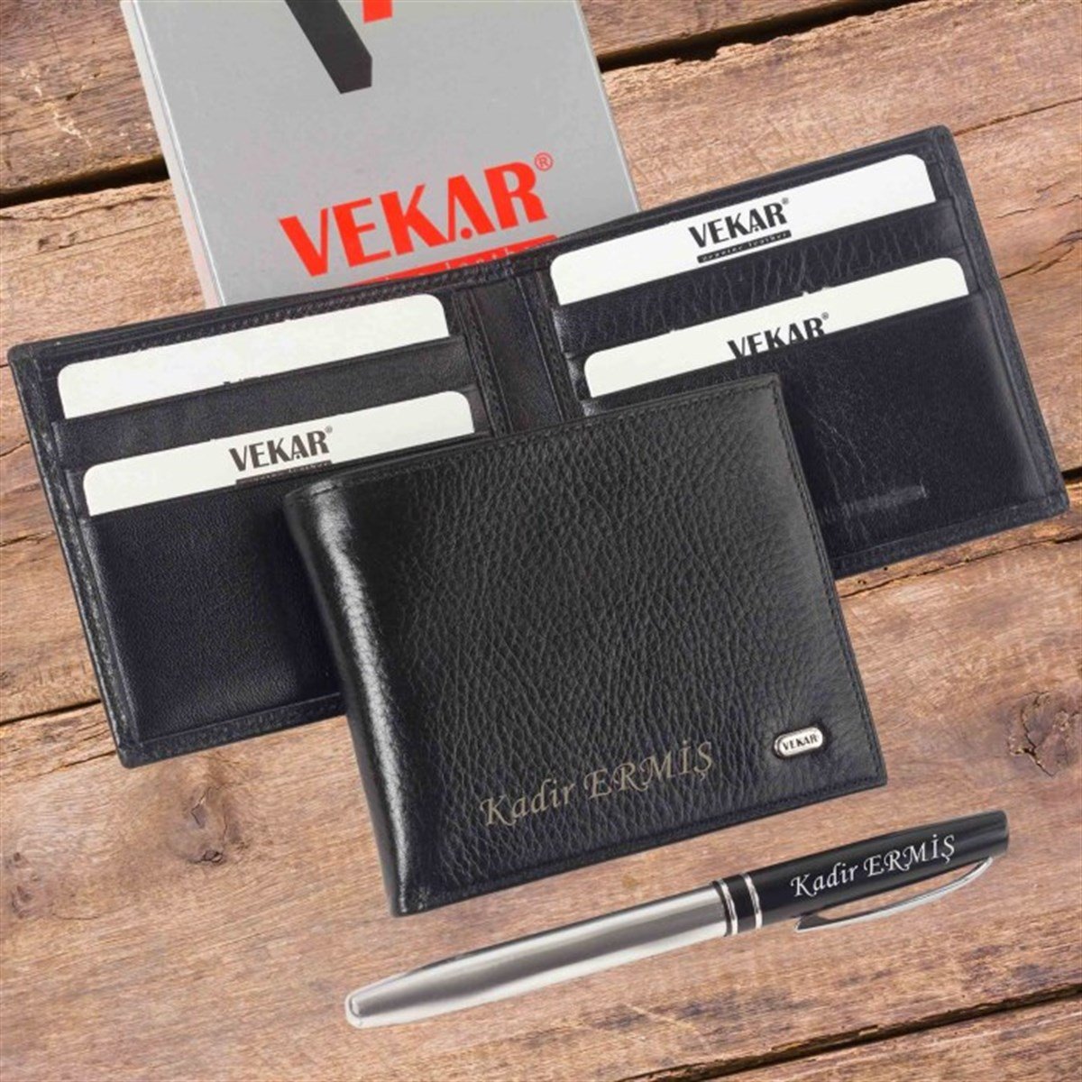 Kişiye Özel Vekar Deri Erkek Cüzdanı İnce Tasarımlı Siyah V002