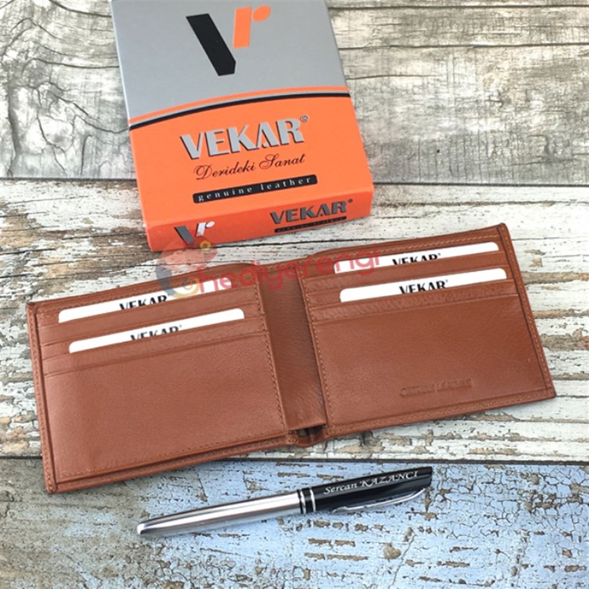 Kişiye Özel Vekar Deri Erkek Cüzdanı Taba V044