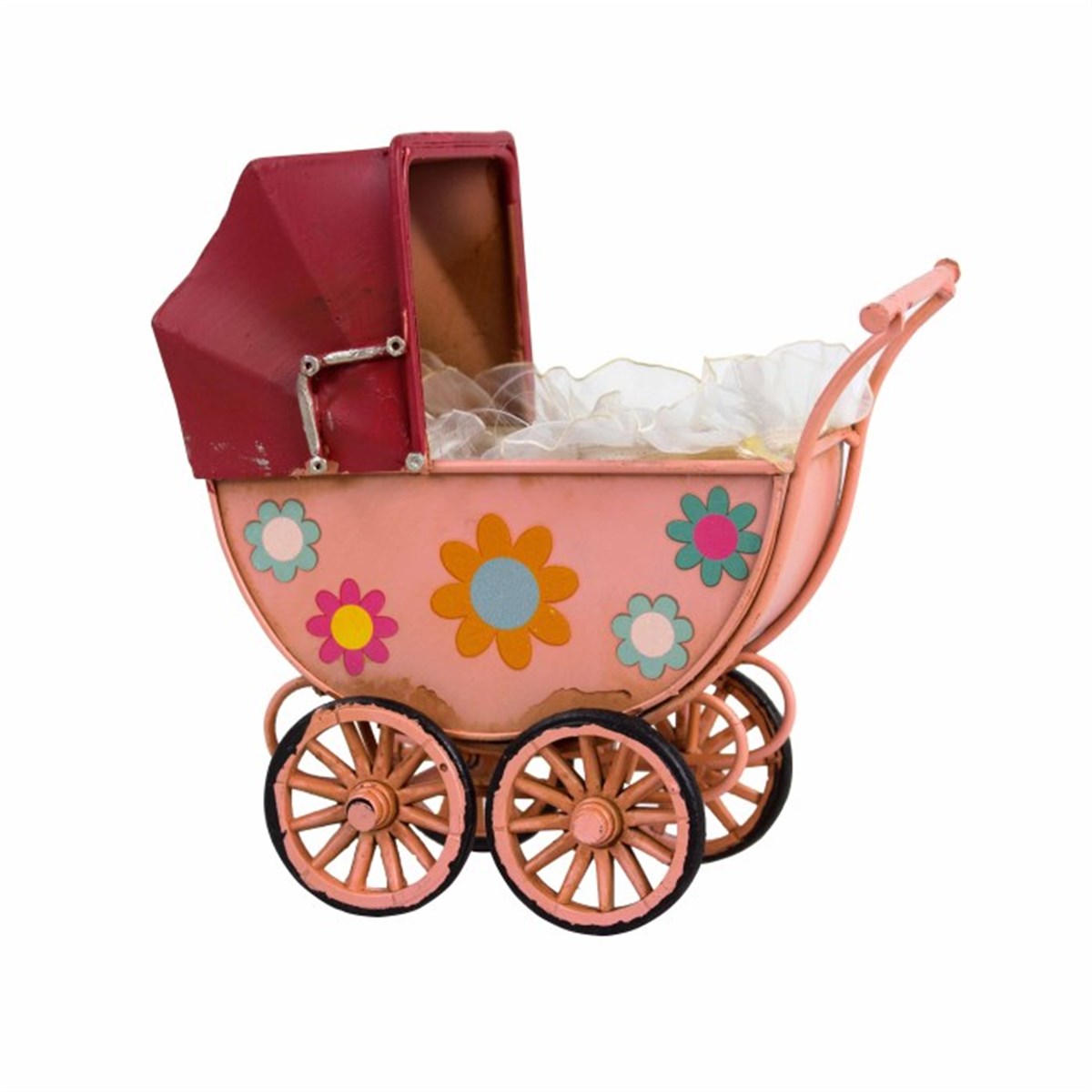 Nostaljik Dekoratif Metal Bebek Arabası - Pembe M3