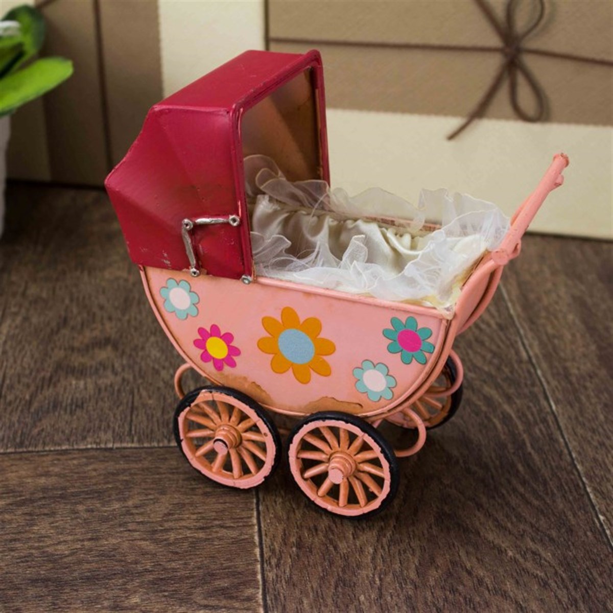 Nostaljik Dekoratif Metal Bebek Arabası - Pembe M3