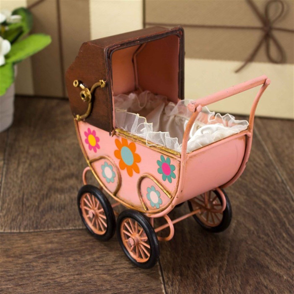 Nostaljik Dekoratif Metal Bebek Arabası - Pembe M2