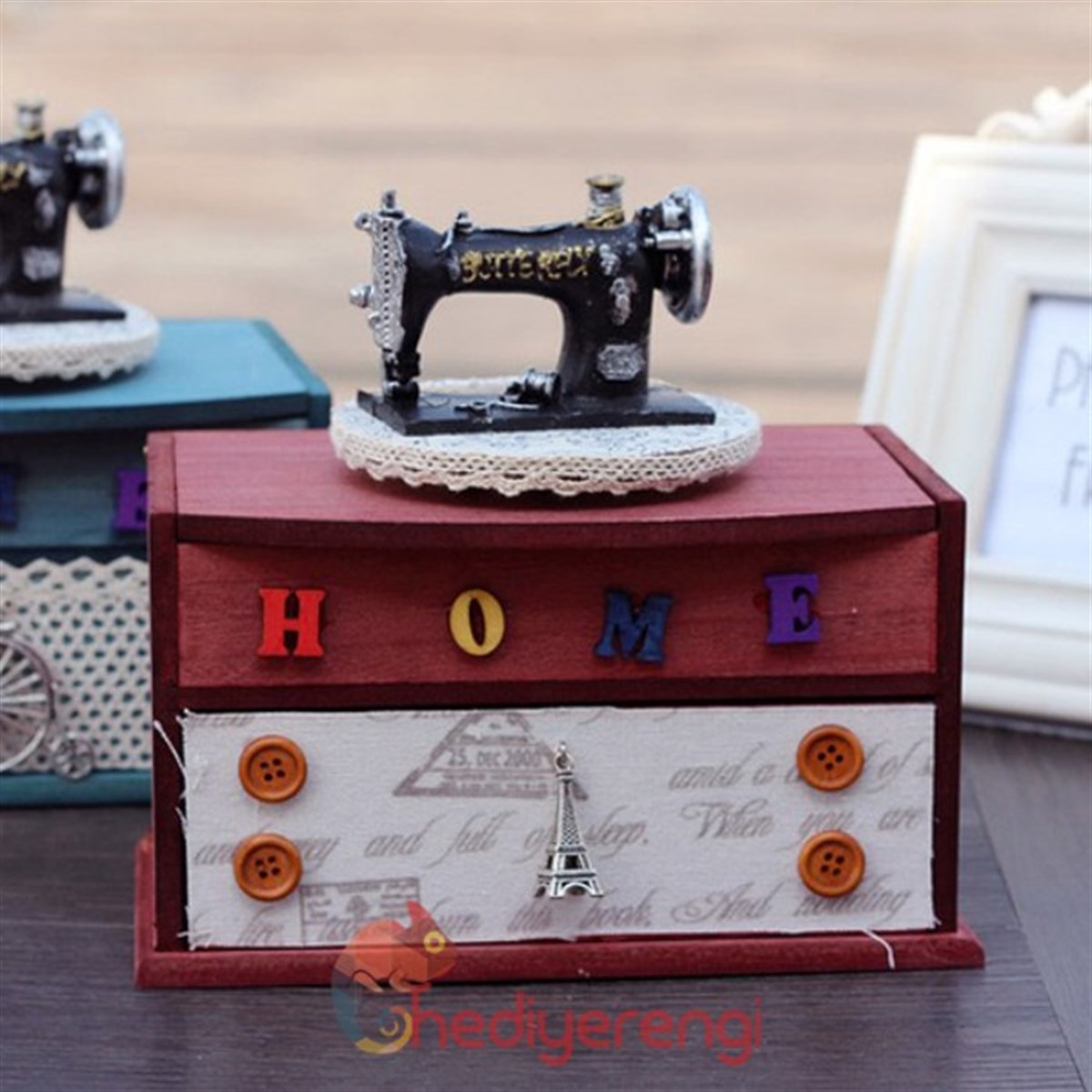 Nostaljik Dikiş Makinesi Figürlü Home Temalı Ahşap Dekoratif Kutu
