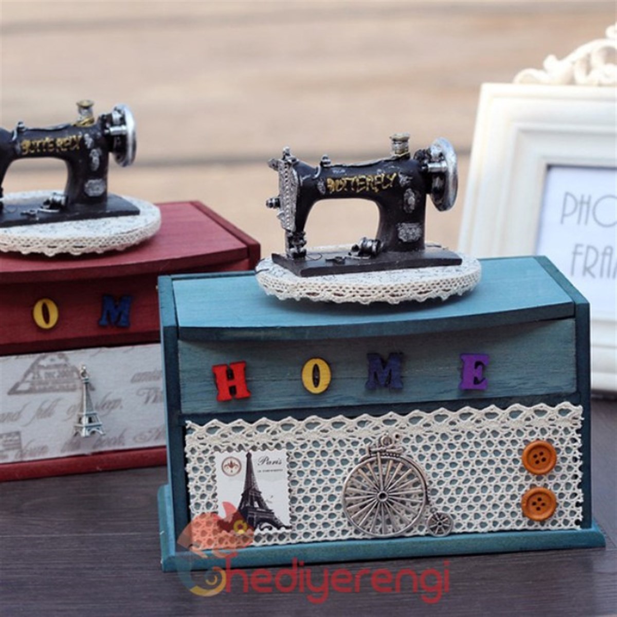 Nostaljik Dikiş Makinesi Figürlü Home Temalı Ahşap Dekoratif Kutu