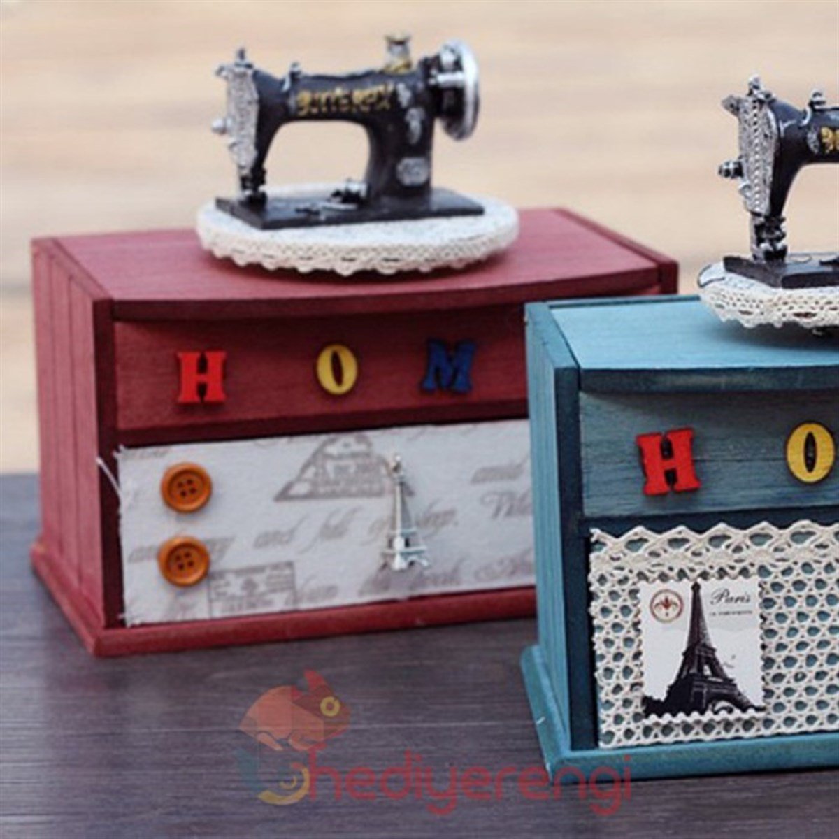 Nostaljik Dikiş Makinesi Figürlü Home Temalı Ahşap Dekoratif Kutu