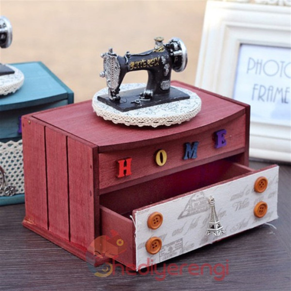 Nostaljik Dikiş Makinesi Figürlü Home Temalı Ahşap Dekoratif Kutu